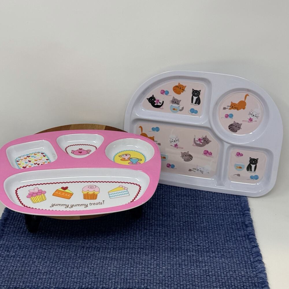 Children's Melamine Plates -Kids Plastic Dinnerware Bundle - Kitty Cats & Hearts